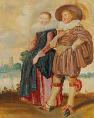 An Elegant Couple Standing By A River by Dirck Hals Oil Painting