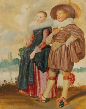 An Elegant Couple Standing By A River by Dirck Hals Oil Painting