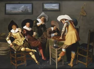 Gentlemen Smoking and Playing Backgammon in an Interior by Dirck Hals Oil Painting
