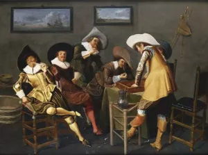 Gentlemen Smoking and Playing Backgammon in an Interior Oil painting by Dirck Hals
