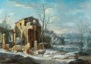 A winter landscape with an elegant company on sleighs drawn by horses by Dirck Maas Oil Painting