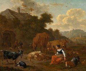 Landscape with a Spinner and Cattle by Dirck Van Bergen Oil Painting