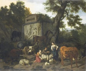 Landscape with Herdsmen and Cattle near a Tomb by Dirck Van Bergen Oil Painting
