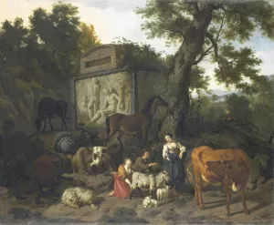 Landscape with Herdsmen and Cattle near a Tomb by Dirck Van Bergen Oil Painting