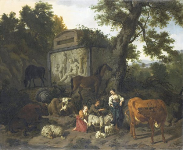 Main Product Photo of Landscape with Herdsmen and Cattle near a Tomb  Painting by Dirck Van Bergen
