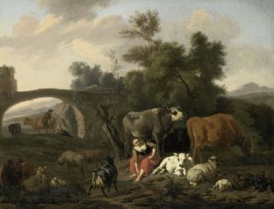 Landscape with Herdsmen and Cattle by Dirck Van Bergen Oil Painting