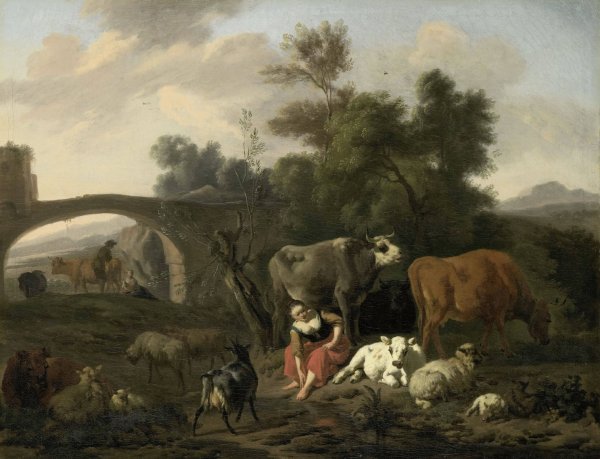 Main Product Photo of Landscape with Herdsmen and Cattle  Painting by Dirck Van Bergen