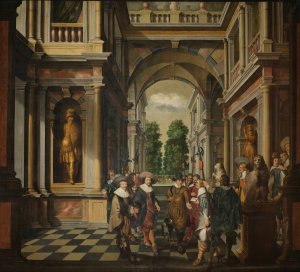 A Seven-Part Decorative Sequence; A Gallery by Dirck Van Delen Oil Painting