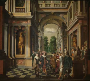 A Seven-Part Decorative Sequence; A Gallery by Dirck Van Delen Oil Painting