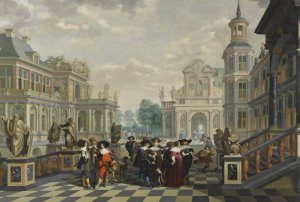 An Elaborate Palace Courtyard With Elegant Company Proceeding Towards A Great Staircase by Dirck Van Delen Oil Painting