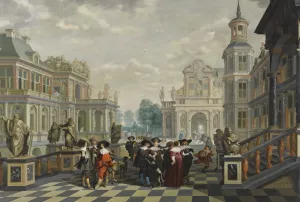 An Elaborate Palace Courtyard With Elegant Company Proceeding Towards A Great Staircase by Dirck Van Delen Oil Painting