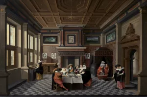 An Interior with Ladies and Gentlemen Dining by Dirck Van Delen Oil Painting