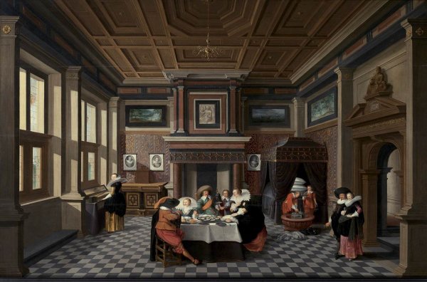 Main Product Photo of An Interior with Ladies and Gentlemen Dining Painting by Dirck Van Delen