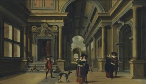 Elegant figures in a courtyard by Dirck Van Delen Oil Painting
