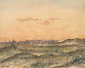 Landschap met in de verte het silhouet van een stad by Dirk Arnoldus Tavenraat Oil Painting