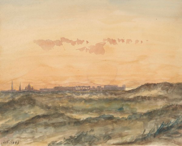 Main Product Photo of Landschap met in de verte het silhouet van een stad  Painting by Dirk Arnoldus Tavenraat