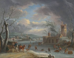 A winter landscape, with figures skating on a frozen river by Dirk Dalens III Oil Painting