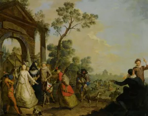 A Village Scene with a Livestock Fair and a Church in the Background by Dirk Langendijk - Oil Painting Reproduction