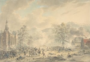 Battle Scene with Church at left by Dirk Langendijk Oil Painting