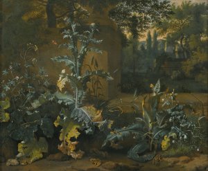 Thistles, Dock And Other Forest-Floor Plants In A Parkland Setting With Frogs, Butterflies And Snails by Dirk Maas Oil Painting