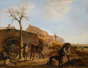 A Landscape With Sportsmen Preparing For The Hunt, Together With Their Hounds And Horses by Dirk Stoop Oil Painting