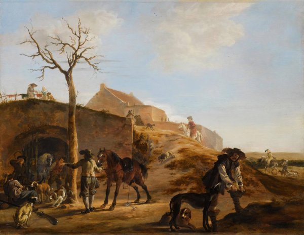 A Landscape With Sportsmen Preparing For The Hunt, Together With Their Hounds And Horses  by Dirk Stoop - Hand-Painted Oil Painting Reproduction
