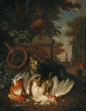 A cat attacking chickens by a basket, a rake and a knife by Dirk Valkenburg Oil Painting