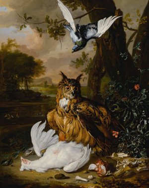 A Eurasian eagle-owl with other birds in a landscape by Dirk Valkenburg Oil Painting