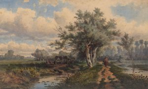 Landschap met koeien en water by Dirk Van Lokhorst Oil Painting