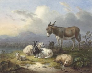 Landschap met ezel, geit en schapen by Dirk Van Oosterhoudt Oil Painting