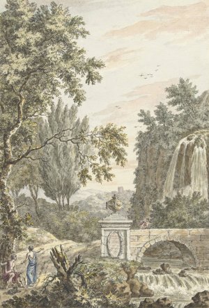 Arcadisch boslandschap met een waterval, een brug en drie jongemannen by Dirk Versteegh Oil Painting
