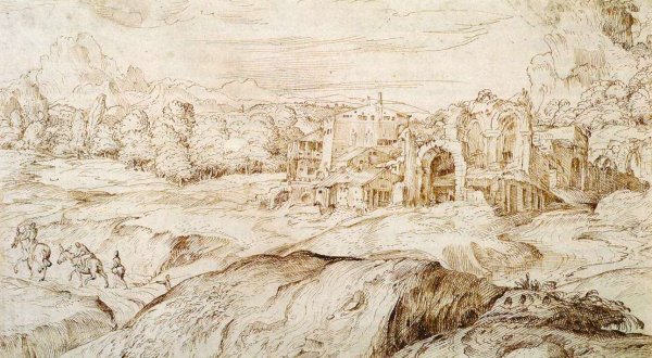 Main Product Photo of Mountainous Landscape with Antique Ruins Painting by Domenico Campagnola