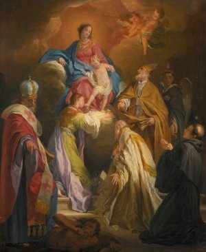 The Madonna And Child Attended By Saints And Bishops by Domenico Corvi Oil Painting