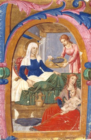 The birth of the Virgin in an initial H Oil painting by Domenico Ghirlandaio
