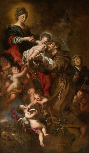 Madonna And Child Adored By Saint Francis Of Assisi by Domenico Piola Oil Painting