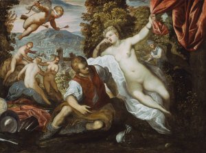 Venus and Mars with Cupid and the Three Graces in a Landscape by Domenico Tintoretto Oil Painting