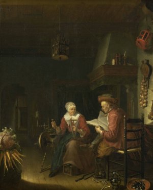 Interior with a man reading and a woman spinning yarn by Domenicus Van Tol Oil Painting