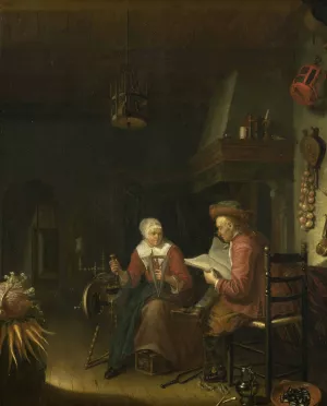 Interior with a man reading and a woman spinning yarn by Domenicus Van Tol Oil Painting