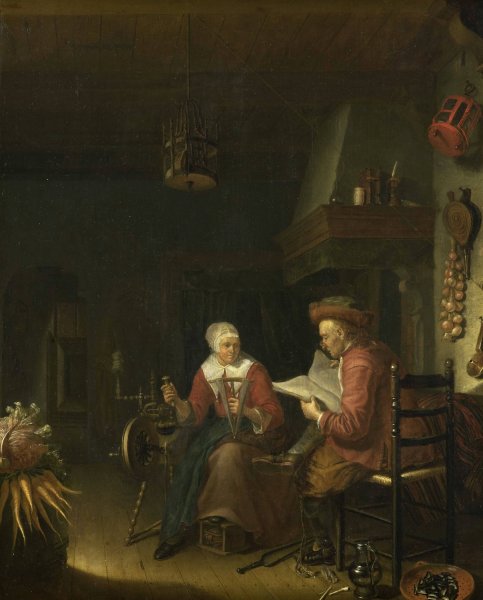 Main Product Photo of Interior with a man reading and a woman spinning yarn  Painting by Domenicus Van Tol