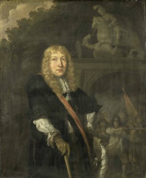 Portrait of an officer of the Leiden civic guard in front of the gate of the headquarters of the St. George guards by Domenicus Van Tol Oil Painting