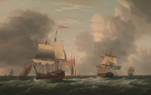 An English Two-Decker Lying Hove to, with Other Ships and Vessels in a Fresh Breeze by Dominic Serres Oil Painting