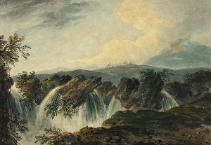Camel Caravan Crossing Plane Above Waterfall by Dominic Serres Oil Painting