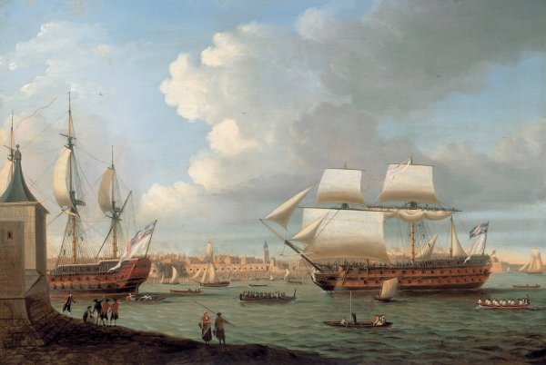 Foudroyant and Pegase entering Portsmouth Harbour, 1782  by Dominic Serres - Hand-Painted Oil Painting Reproduction