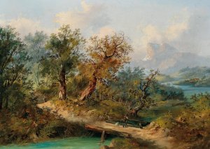 A Mountainous Landscape with a Traveller on a Wooden Bridge by Dominik Schufried Oil Painting