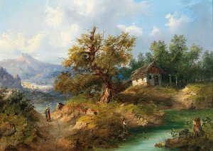 A Mountainous Landscape with an Angler by a Mountain Creek by Dominik Schufried Oil Painting