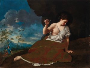 A young woman holding a flower reclining in a landscape, a young man in the distance beyond by Donato Creti Oil Painting