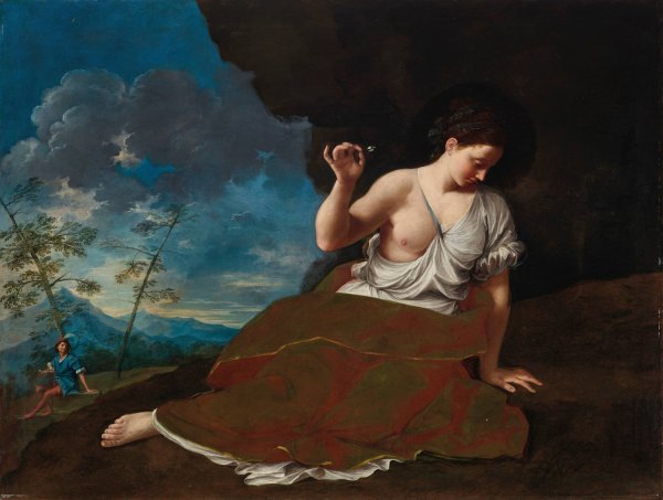 Main Product Photo of A young woman holding a flower reclining in a landscape, a young man in the distance beyond Painting by Donato Creti