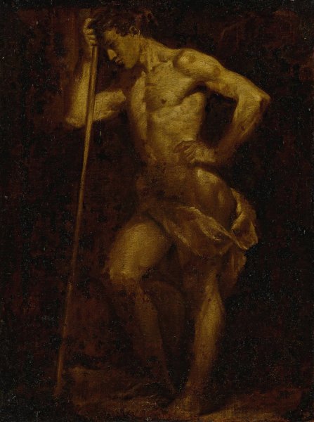 Main Product Photo of Nude academic sketch of a man holding a staff, en brunaille Painting by Donato Creti