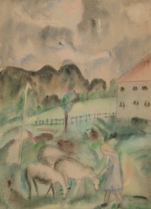 Young Girl and Sheep by Dora Bromberger Oil Painting