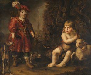 Portraits of two Boys in a Landscape, one dressed as a Hunter, the other St as John the Baptist by Douwe Juwes De Dowe Oil Painting